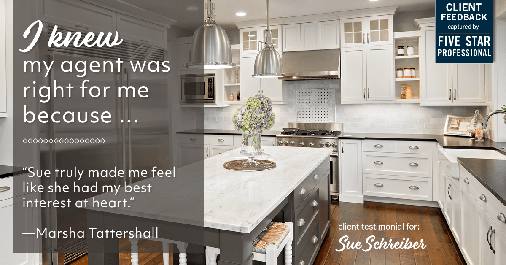 Testimonial for real estate agent Sue Schreiber in , : Right Agent: "Sue truly made me feel like she had my best interest at heart." - Marsha Tattershall