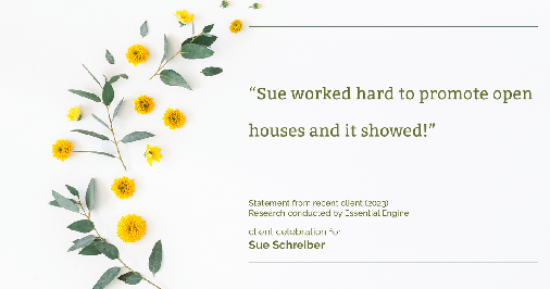 Testimonial for real estate agent Sue Schreiber in , : "Sue worked hard to promote open houses and it showed!"