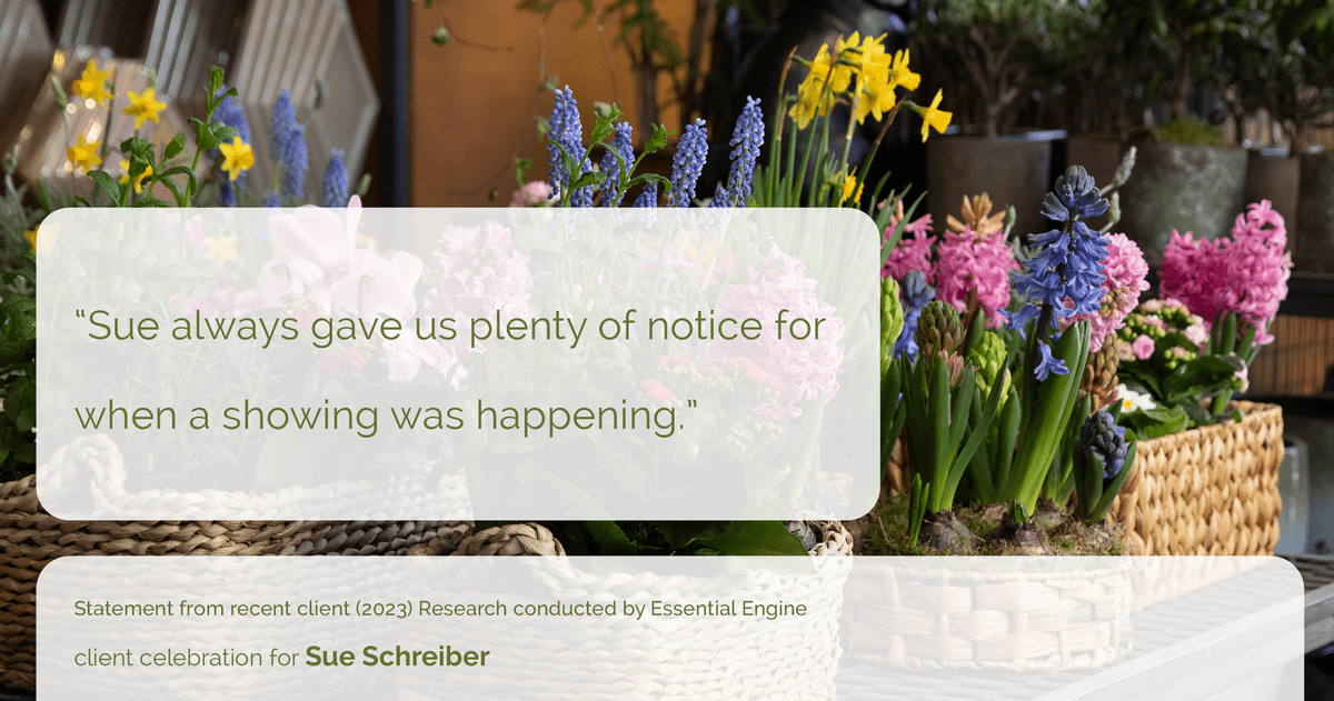 Testimonial for real estate agent Sue Schreiber in , : "Sue always gave us plenty of notice for when a showing was happening."