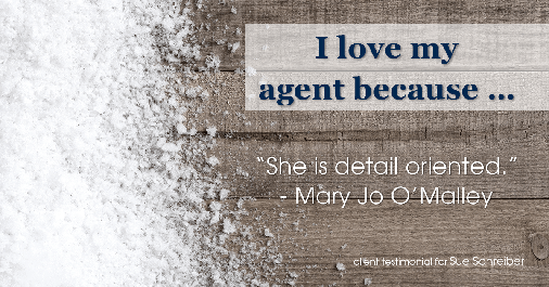 Testimonial for real estate agent Sue Schreiber in Lee's Summit, MO: Love My Agent: "She is detail oriented." - Mary Jo O'Malley