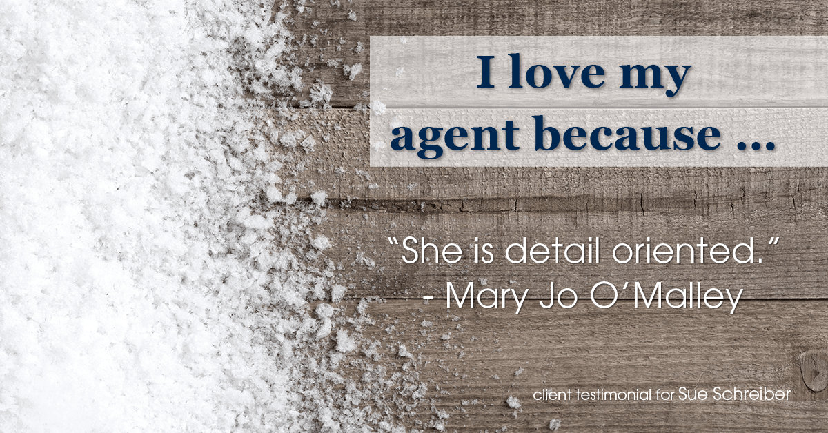 Testimonial for real estate agent Sue Schreiber in , : Love My Agent: "She is detail oriented." - Mary Jo O'Malley