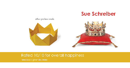 Testimonial for real estate agent Sue Schreiber in Lee's Summit, MO: Happiness Meters: Crown 10/10 (overall happiness - Mary)