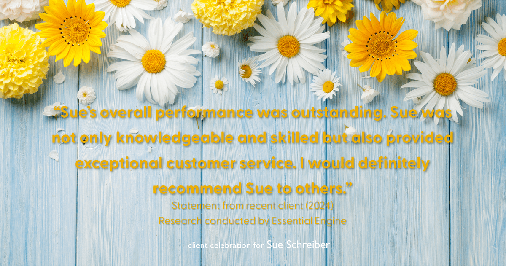 Testimonial for real estate agent Sue Schreiber in , : "Sue's overall performance was outstanding. Sue was not only knowledgeable and skilled but also provided exceptional customer service. I would definitely recommend Sue to others."