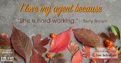 Testimonial for real estate agent Sue Schreiber in Lee's Summit, MO: Love My Agent: "She is hard working." - Terry Brown