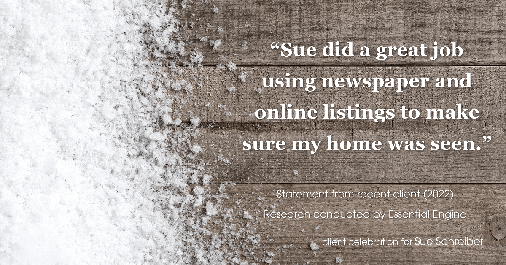 Testimonial for real estate agent Sue Schreiber in , : "Sue did a great job using newspaper and online listings to make sure my home was seen."