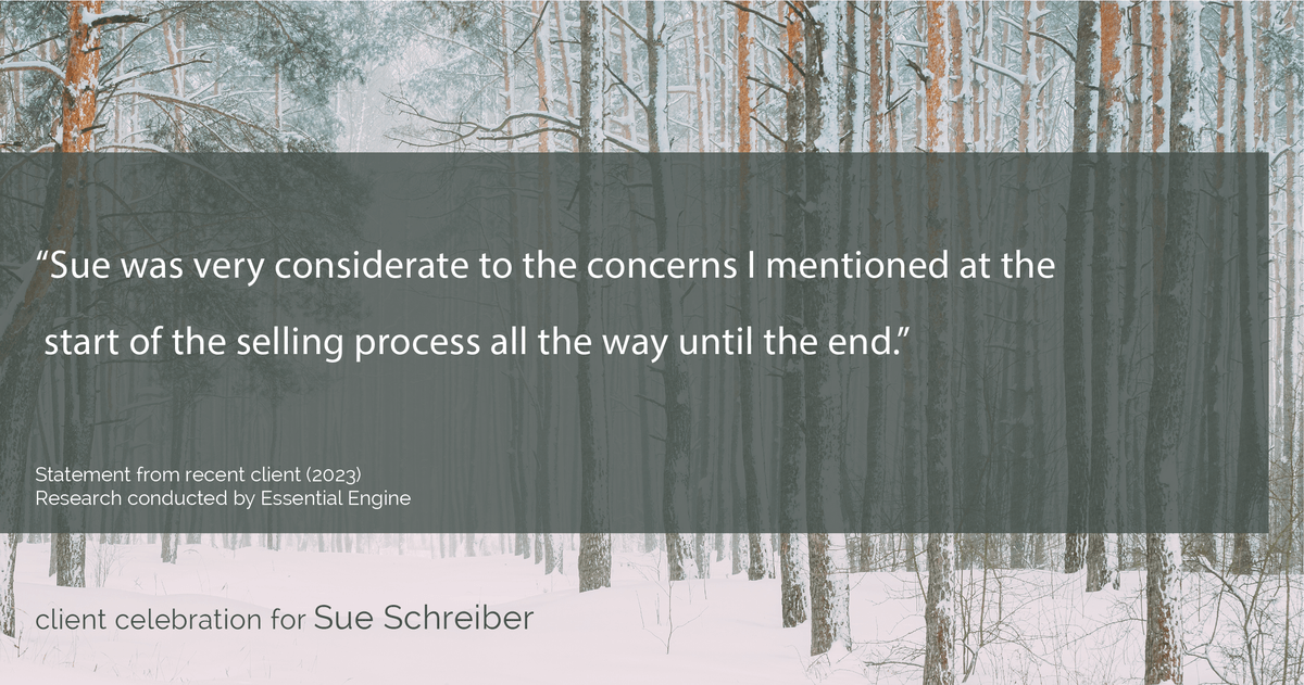 Testimonial for real estate agent Sue Schreiber in , : "Sue was very considerate to the concerns I mentioned at the start of the selling process all the way until the end."