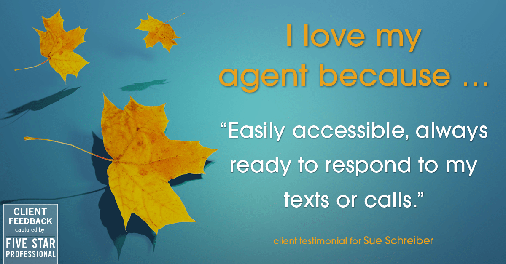 Testimonial for real estate agent Sue Schreiber in Lee's Summit, MO: Love My Agent: "Easily accessible, always ready to respond to my texts or calls."