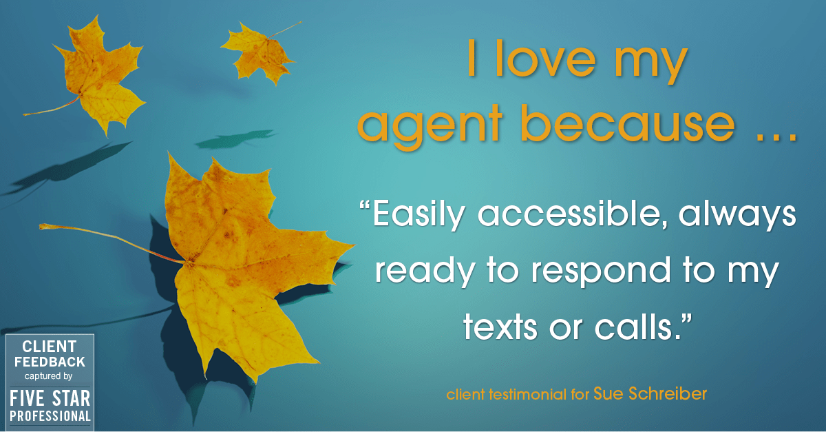 Testimonial for real estate agent Sue Schreiber in , : Love My Agent: "Easily accessible, always ready to respond to my texts or calls."