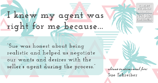 Testimonial for real estate agent Sue Schreiber in , : Right Agent: "Sue was honest about being realistic and helped us negotiate our wants and desires with the seller's agent during the process."