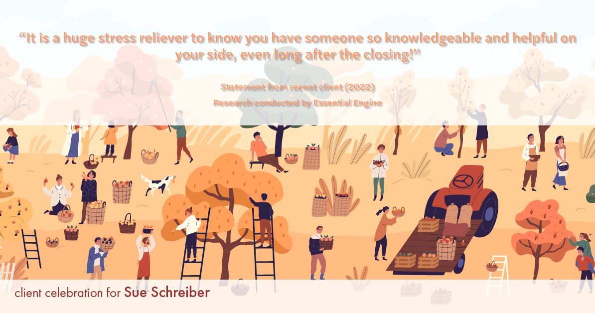Testimonial for real estate agent Sue Schreiber in , : "It is a huge stress reliever to know you have someone so knowledgeable and helpful on your side, even long after the closing!"