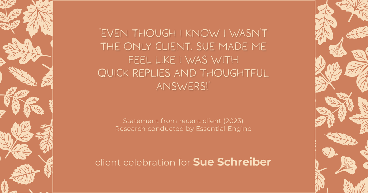 Testimonial for real estate agent Sue Schreiber in , : "Even though I know I wasn't the only client, Sue made me feel like I was with quick replies and thoughtful answers!"