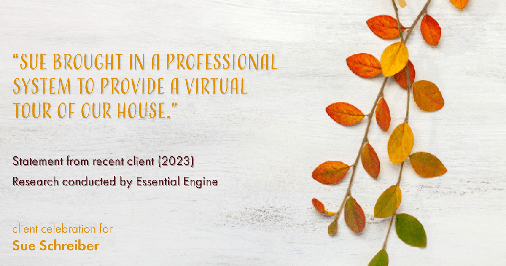 Testimonial for real estate agent Sue Schreiber in , : "Sue brought in a professional system to provide a Virtual Tour of our house."