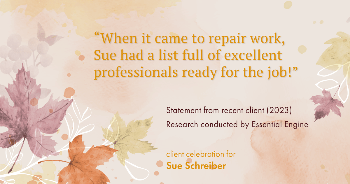Testimonial for real estate agent Sue Schreiber in , : "When it came to repair work, Sue had a list full of excellent professionals ready for the job!"