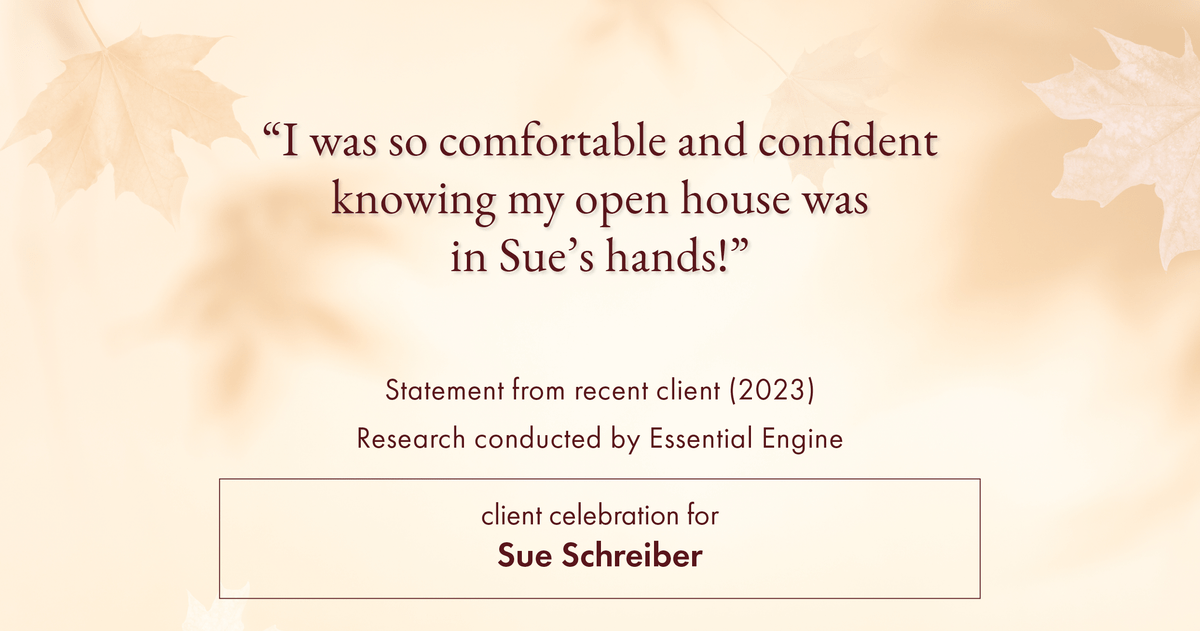 Testimonial for real estate agent Sue Schreiber in , : "I was so comfortable and confident knowing my open house was in Sue's hands!"