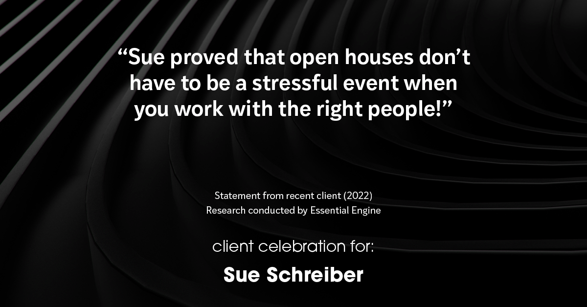 Testimonial for real estate agent Sue Schreiber in , : "Sue proved that open houses don't have to be a stressful event when you work with the right people!"