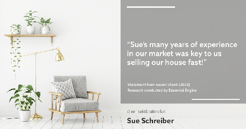 Testimonial for real estate agent Sue Schreiber in , : "Sue's many years of experience in our market was key to us selling our house fast!"