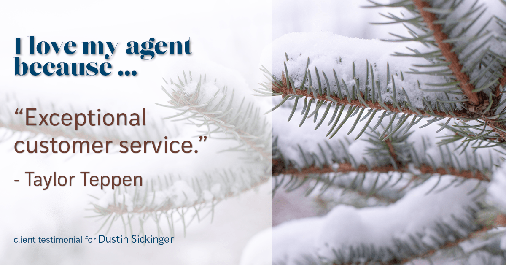 Testimonial for real estate agent Dustin Sickinger in Carmel, IN: Love My Agent: "Exceptional customer service." - Taylor Teppen
