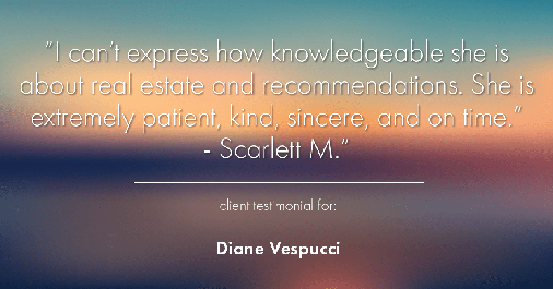 Testimonial for real estate agent Diane Vespucci with REMAX 100 Realty in St Augustine, Florida: "I can't express how knowledgeable she is about real estate and recommendations. She is extremely patient, kind, sincere, and on time." - Scarlett M.