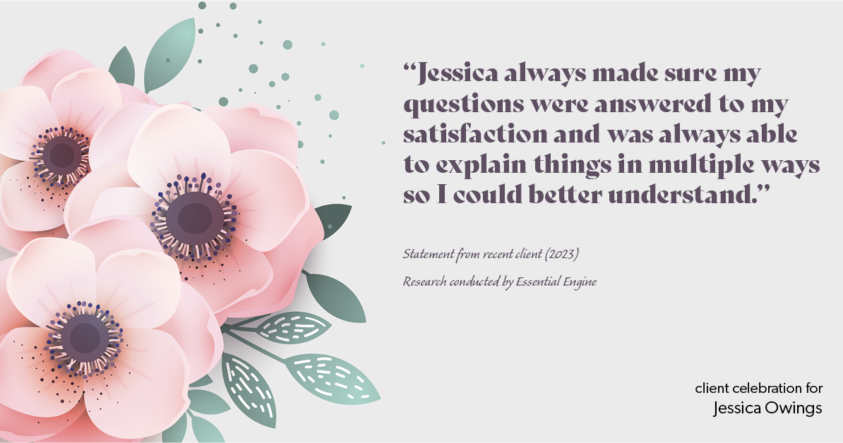 Testimonial for professional Jessica Owings with The Mortgage Network in Carbondale, CO: "Jessica always made sure my questions were answered to my satisfaction and was always able to explain things in multiple ways so I could better understand."
