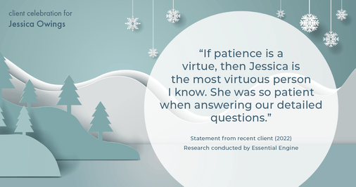 Testimonial for professional Jessica Owings with The Mortgage Network in Carbondale, CO: "If patience is a virtue, then Jessica is the most virtuous person I know. She was so patient when answering our detailed questions."