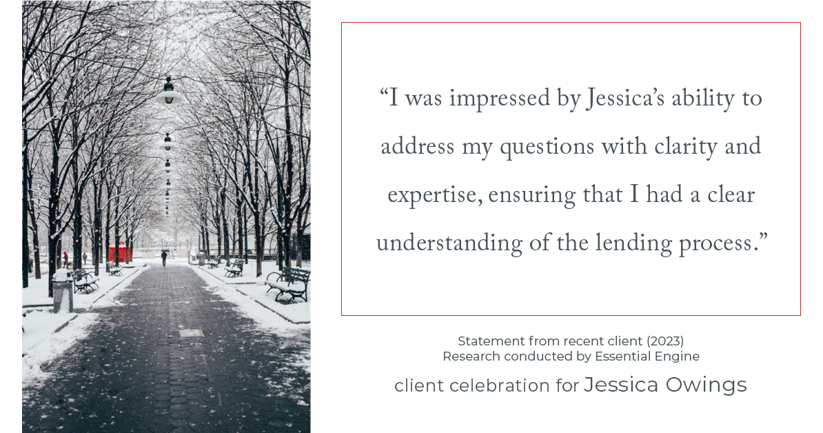 Testimonial for professional Jessica Owings with The Mortgage Network in Carbondale, CO: "I was impressed by Jessica's ability to address my questions with clarity and expertise, ensuring that I had a clear understanding of the lending process."
