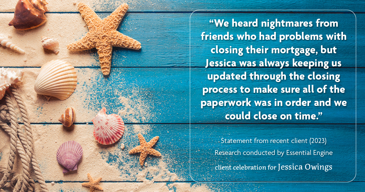 Testimonial for professional Jessica Owings with The Mortgage Network in Carbondale, CO: "We heard nightmares from friends who had problems with closing their mortgage, but Jessica was always keeping us updated through the closing process to make sure all of the paperwork was in order and we could close on time."