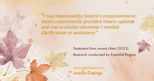 Testimonial for professional Jessica Owings with The Mortgage Network in Carbondale, CO: "I was impressed by Jessica's responsiveness; Jessica consistently provided timely updates and was available whenever I needed clarification or assistance."