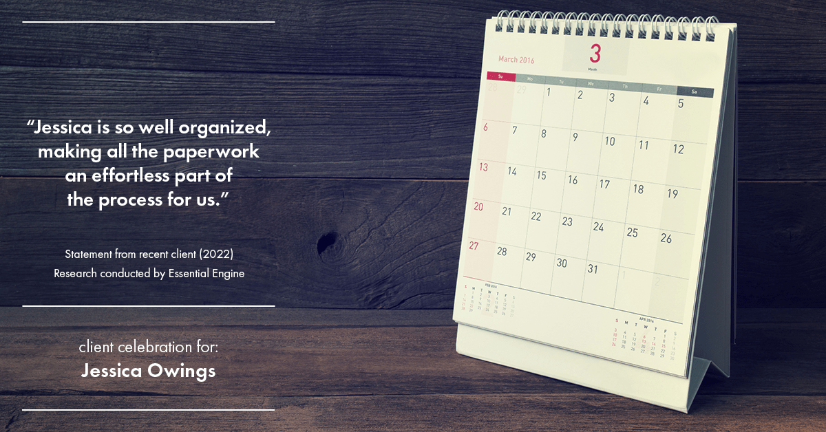 Testimonial for professional Jessica Owings with The Mortgage Network in Carbondale, CO: "Jessica is so well organized, making all the paperwork an effortless part of the process for us."