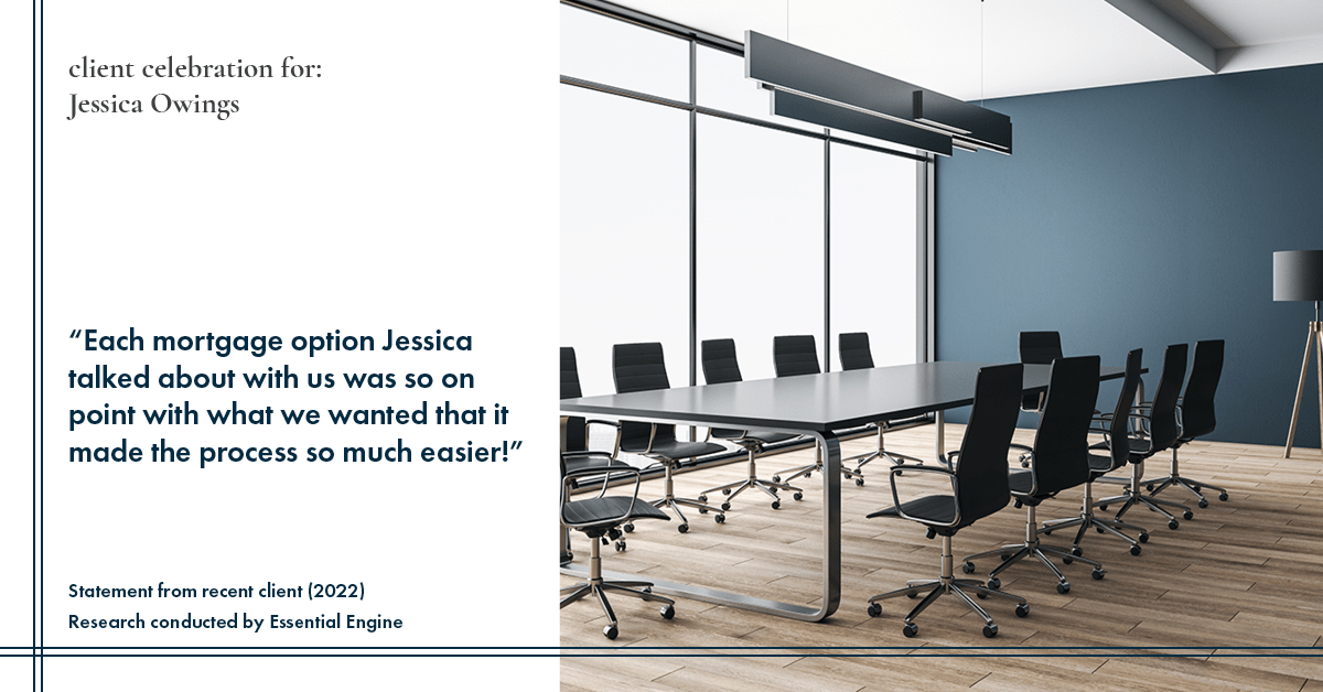 Testimonial for professional Jessica Owings with The Mortgage Network in Carbondale, CO: "Each mortgage option Jessica talked about with us was so on point with what we wanted that it made the process so much easier!"
