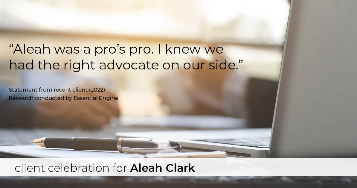 Testimonial for real estate agent Aleah Clark in , : "Aleah was a pro’s pro. I knew we had the right advocate on our side."