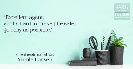 Testimonial for real estate agent Nicole Larsen in Burien, WA: "Excellent agent, works hard to make [the sale] go easy as possible."