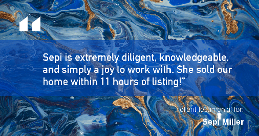 Testimonial for real estate agent Sepi Miller with CB in Pittsburgh, PA: "Sepi is extremely diligent, knowledgeable, and simply a joy to work with. She sold our home within 11 hours of listing!"