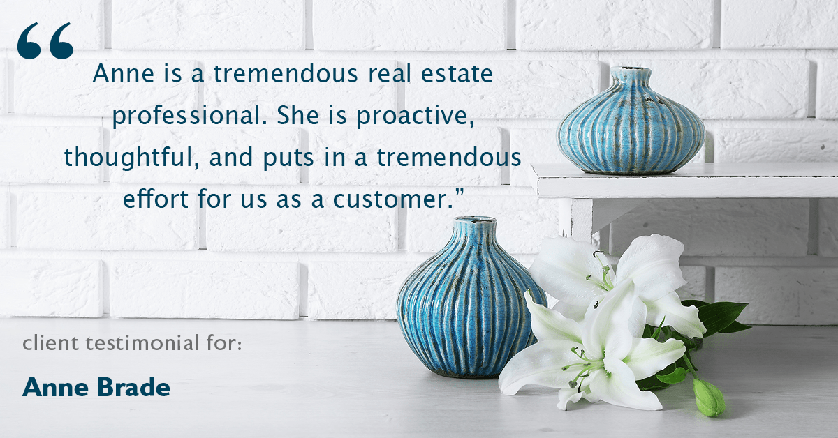 Testimonial for real estate agent Anne Brade in , : "Anne is a tremendous real estate professional. She is proactive, thoughtful, and puts in a tremendous effort for us as a customer."
