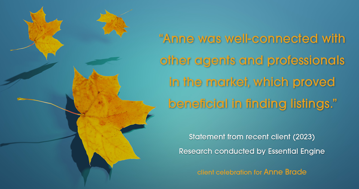Testimonial for real estate agent Anne Brade in , : "Anne was well-connected with other agents and professionals in the market, which proved beneficial in finding listings."