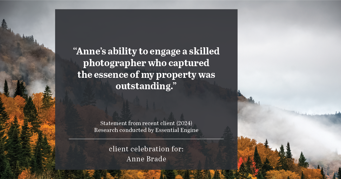 Testimonial for real estate agent Anne Brade in , : "Anne's ability to engage a skilled photographer who captured the essence of my property was outstanding."