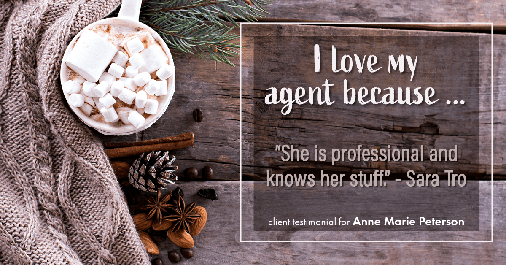 Testimonial for real estate agent Anne Marie Peterson in Seattle, WA: Love My Agent: "She is professional and knows her stuff." - Sara Tro