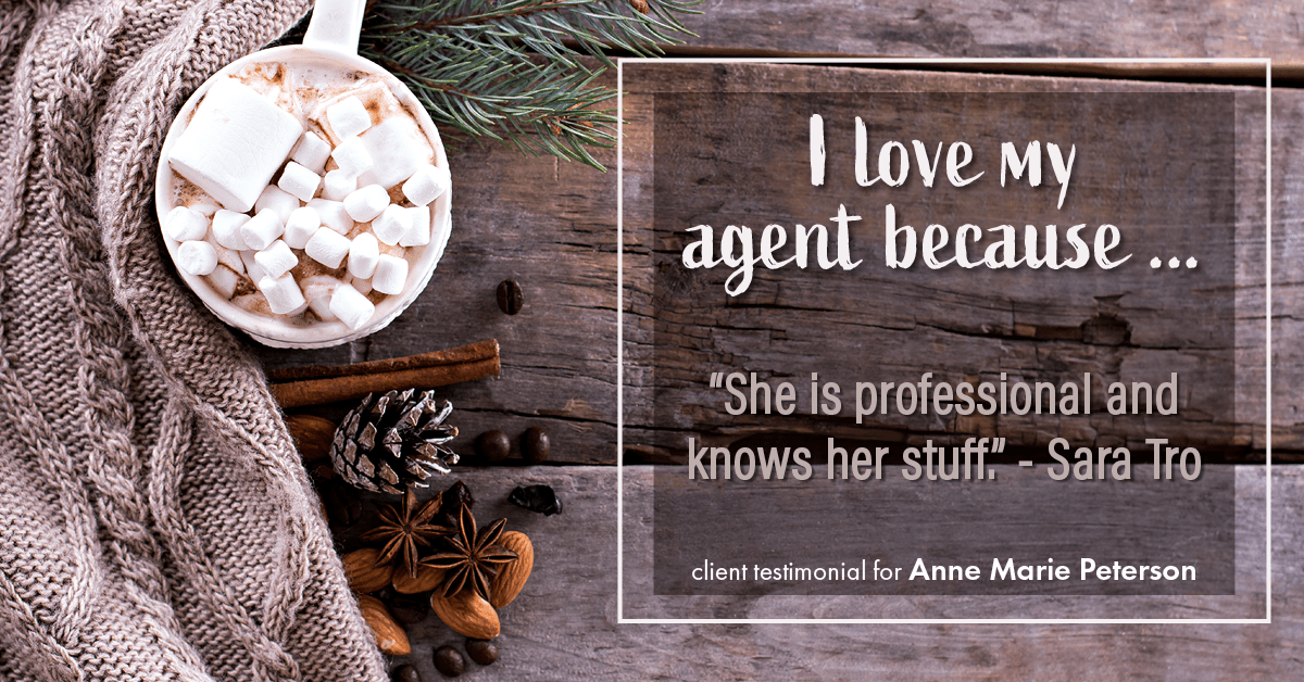 Testimonial for real estate agent Anne Marie Peterson with Compass in Seattle, WA: Love My Agent: "She is professional and knows her stuff." - Sara Tro