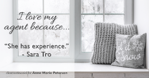 Testimonial for real estate agent Anne Marie Peterson with Compass in Seattle, WA: Love My Agent: "She has experience." - Sara Tro