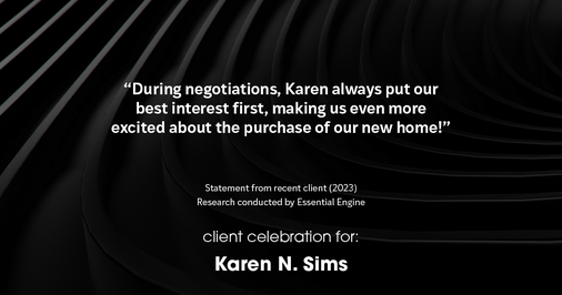 Testimonial for real estate agent Karen Sims in Jersey City, NJ: "During negotiations, Karen always put our best interest first, making us even more excited about the purchase of our new home!"