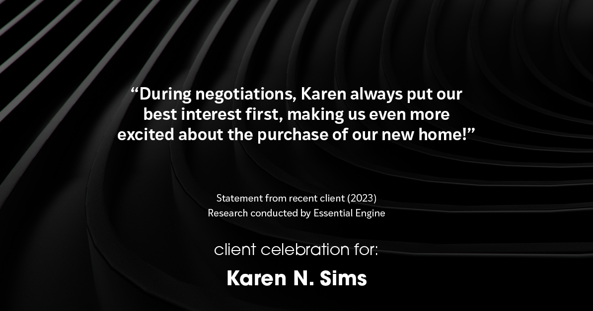 Testimonial for real estate agent Karen Sims in Jersey City, NJ: "During negotiations, Karen always put our best interest first, making us even more excited about the purchase of our new home!"