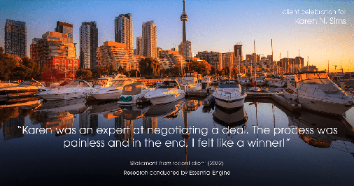 Testimonial for real estate agent Karen Sims in Jersey City, NJ: "Karen was an expert at negotiating a deal. The process was painless and in the end, I felt like a winner!"