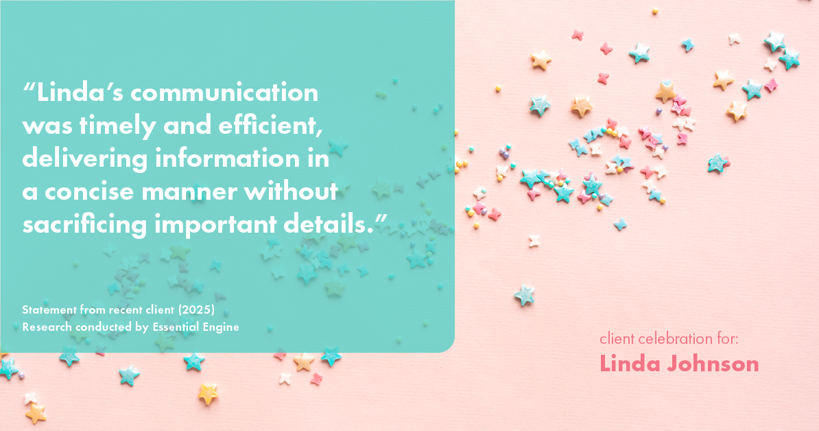 Testimonial for real estate agent Linda Johnson with Century 21 Allpoints in West Hartford, CT: "Linda's communication was timely and efficient, delivering information in a concise manner without sacrificing important details."