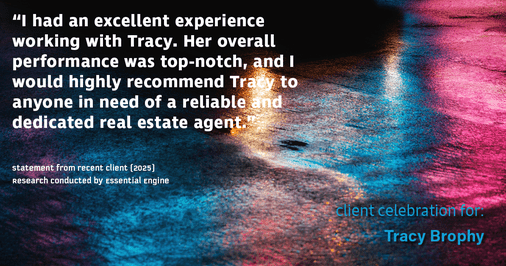 Testimonial for real estate agent Tracy Brophy with Keller Williams Portland Premiere Realty in Portland, OR: "I had an excellent experience working with Tracy. Her overall performance was top-notch, and I would highly recommend Tracy to anyone in need of a reliable and dedicated real estate agent."