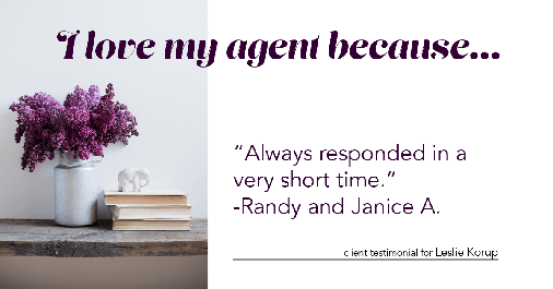Testimonial for real estate agent Leslie Korup in West Bend, WI: Love My Agent: "Always responded in a very short time." -Randy and Janice A.