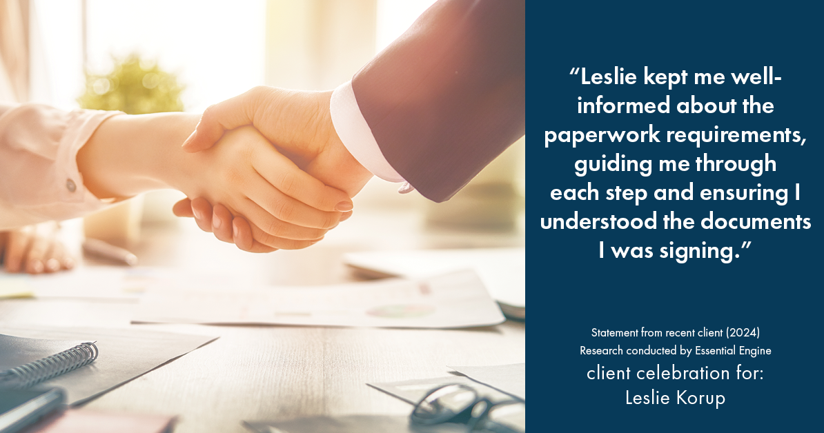 Testimonial for real estate agent Leslie Korup with Coldwell Banker Realty in West Bend, WI: "Leslie kept me well-informed about the paperwork requirements, guiding me through each step and ensuring I understood the documents I was signing."