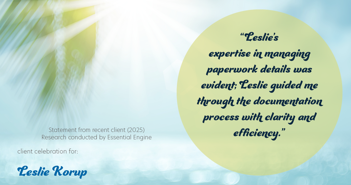 Testimonial for real estate agent Leslie Korup with Coldwell Banker Realty in West Bend, WI: "Leslie's expertise in managing paperwork details was evident; Leslie guided me through the documentation process with clarity and efficiency."