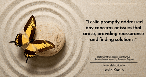Testimonial for real estate agent Leslie Korup with Coldwell Banker Realty in West Bend, WI: "Leslie promptly addressed any concerns or issues that arose, providing reassurance and finding solutions."