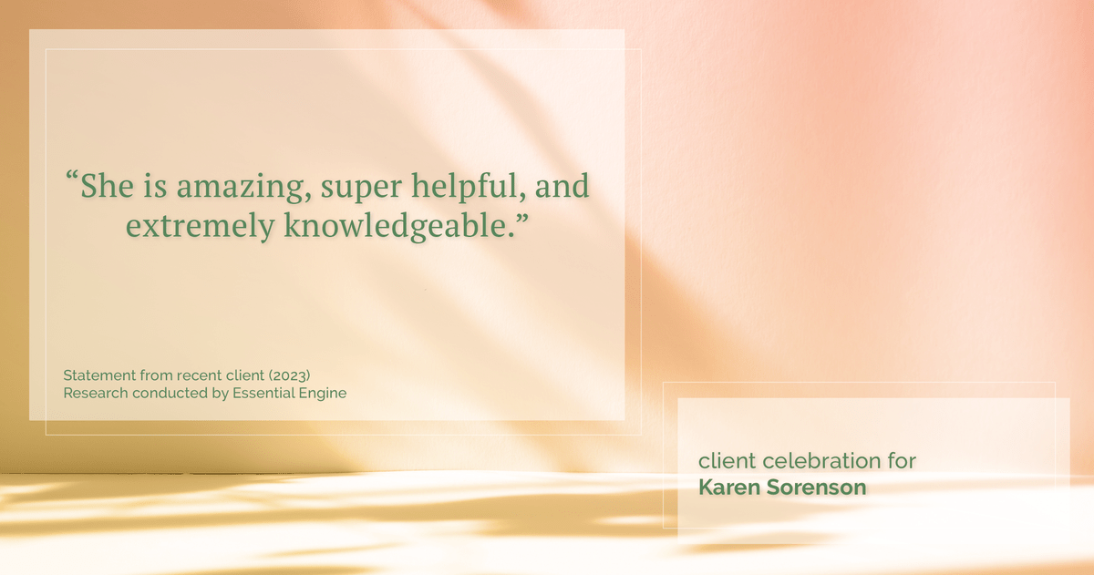 Testimonial for real estate agent Karen Sorenson in Racine, WI: "She is amazing, super helpful, and extremely knowledgeable."