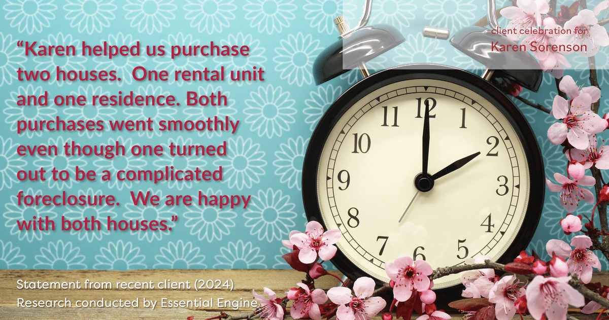 Testimonial for real estate agent Karen Sorenson in Racine, WI: "Karen helped us purchase two houses.  One rental unit and one residence. Both purchases went smoothly even though one turned out to be a complicated foreclosure.  We are happy with both houses."