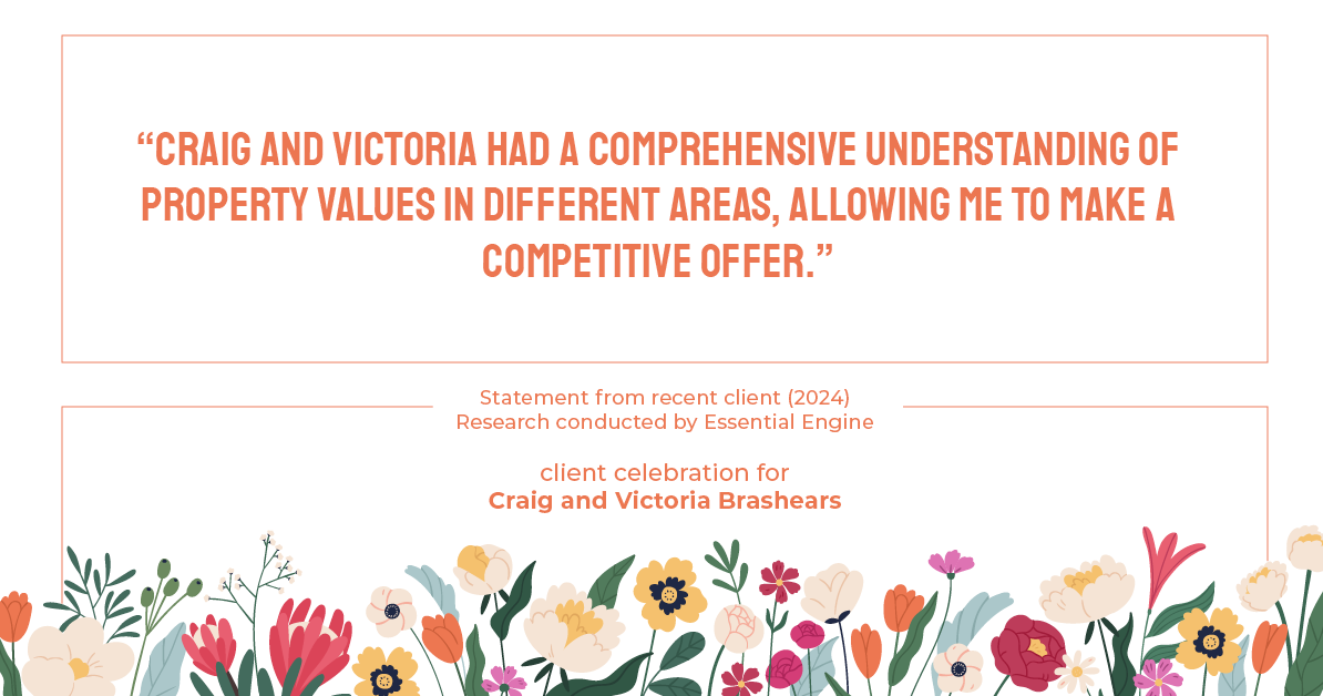 Testimonial for real estate agent Craig and Victoria Brashears with Keller Williams Platinum Partners in Lee's Summit, MO: "Craig and Victoria had a comprehensive understanding of property values in different areas, allowing me to make a competitive offer."